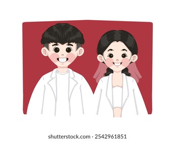 Charming cartoon of a smiling bride and groom on a red background. The groom wears a white suit, and the bride is in a gown with a veil. Ideal for wedding and celebration designs. - Powered by Shutterstock