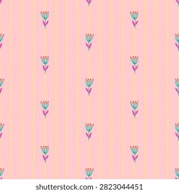 A charming and cute seamless pattern featuring stylized floral elements with teal stems, pink leaves, and red berry-like tops. The design is set against a soft pink background with subtle yellow vertical stripes, creating a playful and modern aesthetic. Ideal for textiles, wallpapers, digital backgrounds, and various design projects.