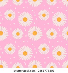 Charming daisy flower pattern with white petals and yellow centers on pink background. Ideal for spring designs, fabric prints, and cute wrapping paper.