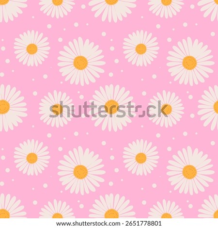 Charming daisy flower pattern with white petals and yellow centers on pink background. Ideal for spring designs, fabric prints, and cute wrapping paper.