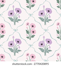 A charming and delicate seamless pattern featuring stylized bouquets of lavender and pink poppy-like flowers. The floral arrangements are elegantly framed by a lattice of light blue ribbons, tied with small bows at each intersection. This vintage-inspired design evokes a sense of classic beauty and gentle sophistication, perfect for textiles, wallpaper, or digital backgrounds.
