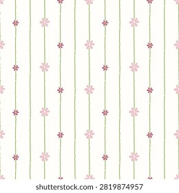 A charming and delicate seamless pattern featuring small pink flowers arranged along vertical green lines on a clean white background. This sweet floral design is perfect for various applications such as fabric, wallpaper, gift wrap, stationery, and digital backgrounds. Its simple yet elegant aesthetic creates a fresh and inviting atmosphere, suitable for spring and summer themes, children's decor, or feminine branding.
