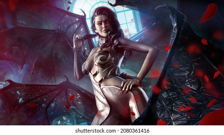 A charming and demoness with six black bat wings, she poses elegantly against the background of a moonlight window and rose petals, she has red vampire eyes, lush hair and an elegant suit 3d rendering