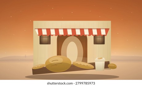 A charming flat-style illustration of a rustic bakery storefront at dusk featuring a red and white striped awning, a wooden arched door, and an assortment of freshly baked breads displayed on a wooden bench.