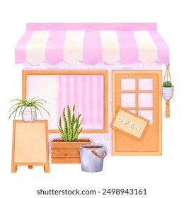 Charming Flower Shop featuring a Pink Awning and a Variety of Plants Stock Image - Powered by Shutterstock