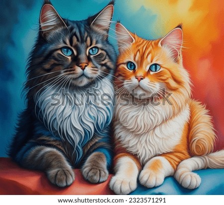 charming fluffy red-haired cat in pairing with black-haired cat is sitting sweetly, on a colored background, watercolor painting
