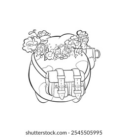 Charming Frog Photographer with Backpack and Floral Wreath, Holding a Vintage Camera – Black and White Line Art Illustration - Powered by Shutterstock