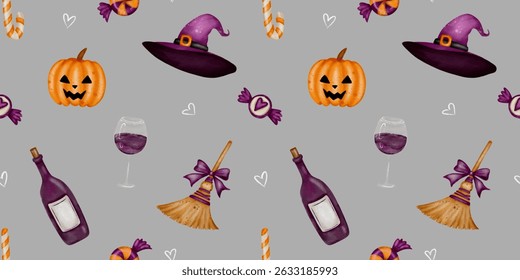 Charming Halloween pattern filled with pumpkins, witches hats, and candy delights for autumn