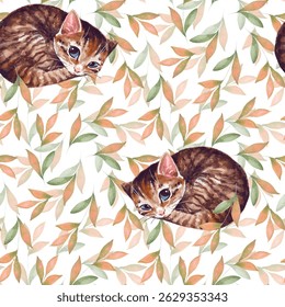 Charming hand-drawn seamless pattern featuring curled tabby cats with green and orange leaves on a white background. Ideal for fabric, wallpaper, or stationery in pet-themed designs.