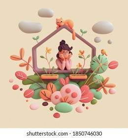 Charming kawaii brunette girl leans on the windowsill, resting her chin on her hands, looks out at yellow bird. Floating balcony with orange cat, green red leaves bushes. 3d render on beige backdrop