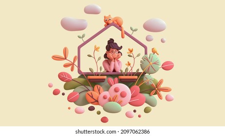 Charming kawaii brunette girl leans on the windowsill, resting her chin on her hands, enjoys nature. Floating balcony with orange cat, yellow bird, green red leaves bushes. 3d render on beige backdrop