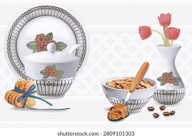 A charming kitchen-themed composition featuring elegant white ceramic tableware with delicate floral motifs and decorative black striped borders. The arrangement includes a dinner plate, lidded serving bowl, cereal bowl with a wooden spoon, and a flower vase holding pink tulips, styled alongside cookies and scattered coffee beans on a clean white background. The soft lighting and minimal backdrop create a warm, cozy, and sophisticated atmosphere, ideal for kitchen wall tile or ceramic décor designs.