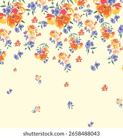 A charming and minimalist pattern featuring randomly scattered, small floral clusters and individual blossoms in soft, vibrant hues on a gentle, light cream background. This elegant and versatile desi