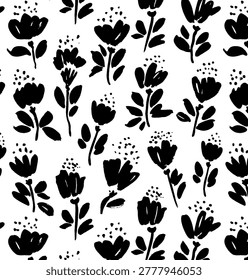 A charming monochrome floral pattern featuring hand-drawn black blossoms and leafy stems scattered across a soft light background.