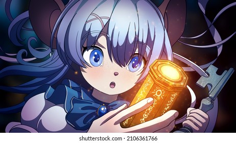 A charming mouse girl with blue eyes and long anime-style hair, curiously holding her breath, looks at a magical golden artifact with symbols in one hand and holding a large key in the other. 2d art