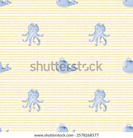 A charming pattern of cute marine creatures like octopuses and whales on a baby blue striped background.