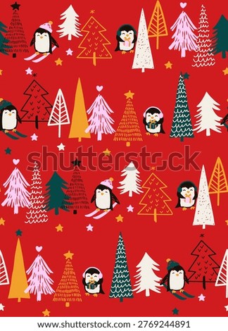 Charming pattern with playful penguins diverse evergreen shapes and stars. Ideal for holiday stationery and seasonal decor.