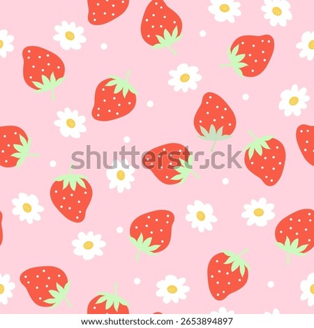 A charming pattern of red strawberries with white dots and white daisy flowers with yellow centers on a soft pink background.