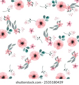 Charming pink floral pattern with delicate green leaves and soft blossoms on a white background. Ideal for spring-themed designs, stationery, textiles, wedding invitations, or feminine projects. - Powered by Shutterstock