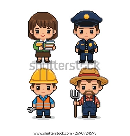 Charming pixel art characters showcasing diverse professions and community roles
