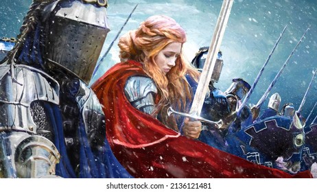 A charming red-haired female knight in a snowy windy blizzard with a two-handed sword and a red cloak, surrounded by valiant cavalry knights in shiny plate armor ready to defend her to death. 2d art