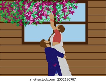 A charming and romantic digital artwork featuring a couple engaged in a playful moment. The man is lifting the woman as she reaches out to pick flowers from a vibrant. - Powered by Shutterstock