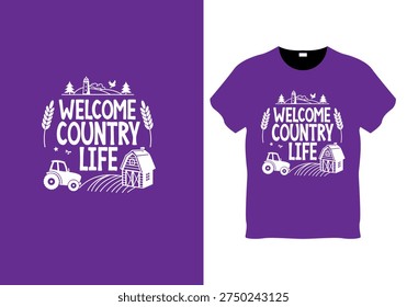 A charming rustic illustration featuring a tractor, barn house, wheat ears, and country scenery with the text 
