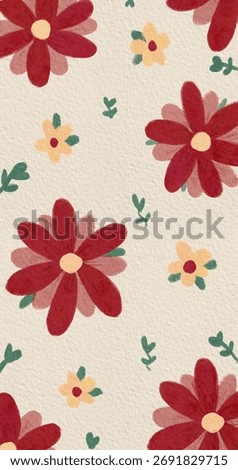 A charming seamless floral pattern featuring red and yellow hand-drawn flowers on a soft canvas texture. Perfect for fabric design, wallpaper, wrapping paper, and aesthetic background projects