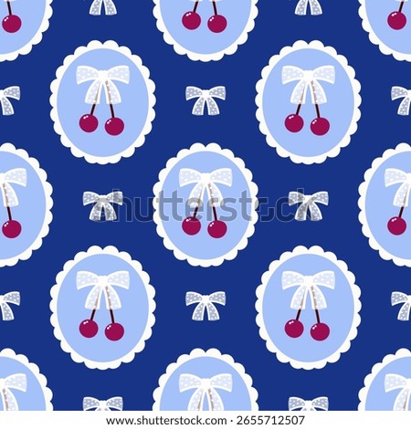 Charming seamless pattern with blue oval frames featuring white bows, red cherries and white bows on a deep blue background. Perfect for textiles, digital paper, or whimsical design.