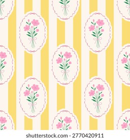A charming seamless pattern featuring delicate pink floral bouquets tied with bows, set within decorative oval frames with scalloped edges. The background consists of alternating vertical stripes in soft yellow and cream. This elegant design evokes a vintage, shabby chic aesthetic, perfect for textiles, wallpapers, digital paper, or any decorative project requiring a gentle, classic floral motif.