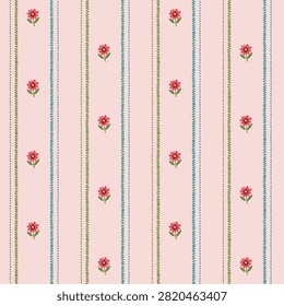 A charming seamless pattern featuring delicate pink flowers with green leaves arranged vertically on a soft pink background. The design is complemented by alternating dotted vertical stripes in muted green and blue, creating a rustic and vintage aesthetic. Perfect for fabric, wallpaper, scrapbooking, or digital backgrounds, offering a sweet and classic touch to any project.
