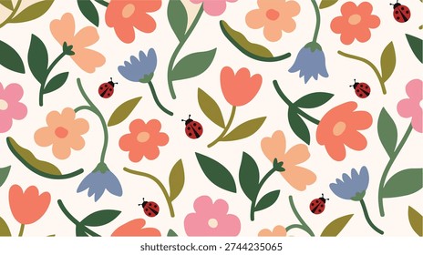 A charming seamless pattern featuring whimsical colorful flowers in shades of pink, orange, peach, and blue, with green leaves and adorable red ladybugs on a light background, evoking a cheerful spring and summer vibe.