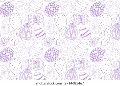 A charming seamless pattern of hand-drawn Easter eggs in various purple and lavender shades, featuring intricate patterns like dots and stripes on a white background.