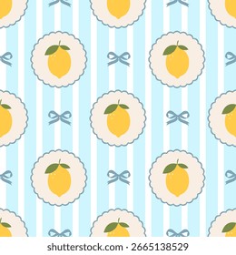 A charming seamless pattern with yellow lemons in scalloped frames and light blue bows on blue and white stripes.