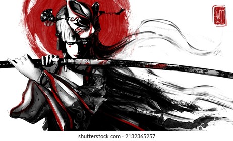 A charming and sinister young samurai girl with a fox mask on her head and a sharp bloody katana in her hands, she looks straight into eyes in a fighting stance, wearing a kimono with patterns. 2d art