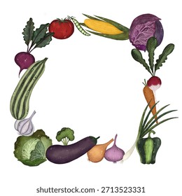 A charming square frame made of assorted vegetables set against a white background. This hand-painted illustration showcases colorful and fresh produce, perfect for culinary-themed projects, packaging, or promotional materials. Add a touch of nature and artistry to your designs. Hand-painted. High-resolution file, non-AI.