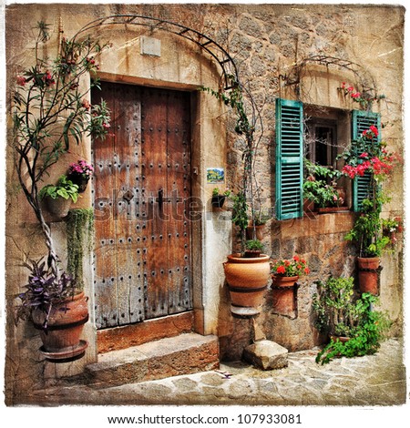 Similar – Image, Stock Photo Street with stone houses in the medieval village of Ainsa in the pyrenees, Aragon, Spain