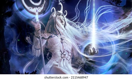 A Charming White Druid Woman, She Is A Luminous Transparent Spirit Of Nature Floating In The Air Among The Trees In The Night Forest, She Creates A Stream Of White Energy Into The Sky. 3d Rendering