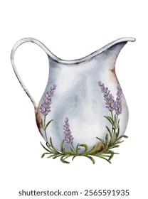A charming white pitcher features delicate lavender flowers and green leaves, adding a rustic touch.