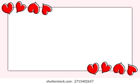 A charming white rectangular frame adorned with hand-drawn red hearts in the top left and bottom right corners, set against a soft pink background, perfect for romantic messages or invitations.