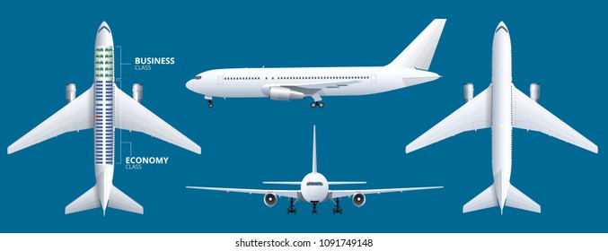 Chart Airplane Seat, Plan, Of Aircraft Passenger. Aircraft Seats Plan Top View. Business And Economy Classes Airplane Indoor Information Map. Illustration Of Plane On Ultraviolet Background