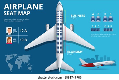 Chart Airplane Seat, Plan, Of Aircraft Passenger. Aircraft Seats Plan Top View. Business And Economy Classes Airplane Indoor Information Map. Illustration Of Plane On Ultraviolet Background.