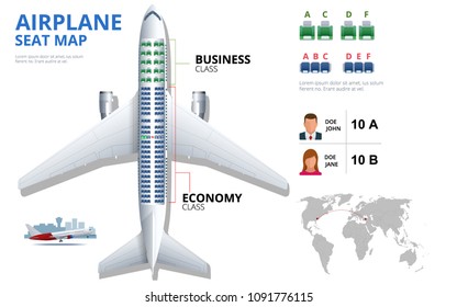 Chart Airplane Seat, Plan, Of Aircraft Passenger. Aircraft Seats Plan Top View. Business And Economy Classes Airplane Indoor Information Map, Illustration Of Plane On Ultraviolet Background