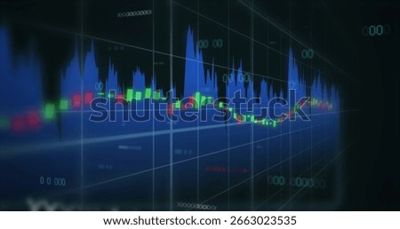 Chart featuring green and red candlesticks and blue histogram on 3D grid in dashboard, with numbers. Analytics, investment, technology, futuristic, data visualization, finance, digital