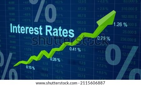 Chart with rising interest rates and percentages. Rising rates because of high inflation scenario or strong GDP growth to cool down the economy. Economy and central bank concept. 3D illustration Stockfoto © 