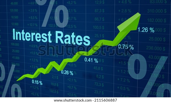 Chart with rising interest rates and
percentages. Rising rates because of high inflation scenario or
strong GDP growth to cool down the economy. Economy and central
bank concept. 3D
illustration