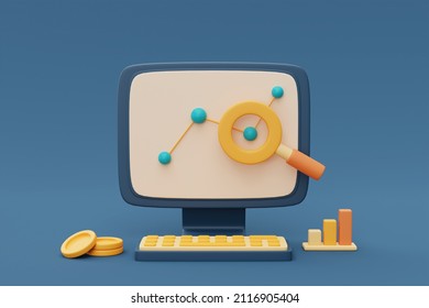 Charts For Finance Investment Report On Computer Laptop Screen With Coin Money Stack And Magnify Glass, Online Trading Data Concept,3d Rendering.