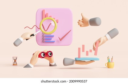 charts and graph with businessman hand, analysis business financial data, magnifying glass,binocular, Online marketing isolated on pink. business strategy concept, 3d illustration or 3d render - Powered by Shutterstock