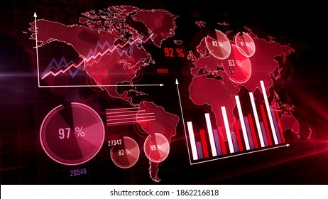 Charts, graphs and statistic bars visualisation. Red data diagram and information with globe map on background. Abstract concept 3d illustration. Pandemic analyzing and crisis growth.