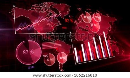 Charts, graphs and statistic bars visualisation. Red data diagram and information with globe map on background. Abstract concept 3d illustration. Pandemic analyzing and crisis growth. Photo stock © 